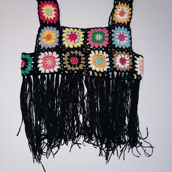 Crochet Granny Square Black Fringe Crop Top Small - Picture 7 of 9